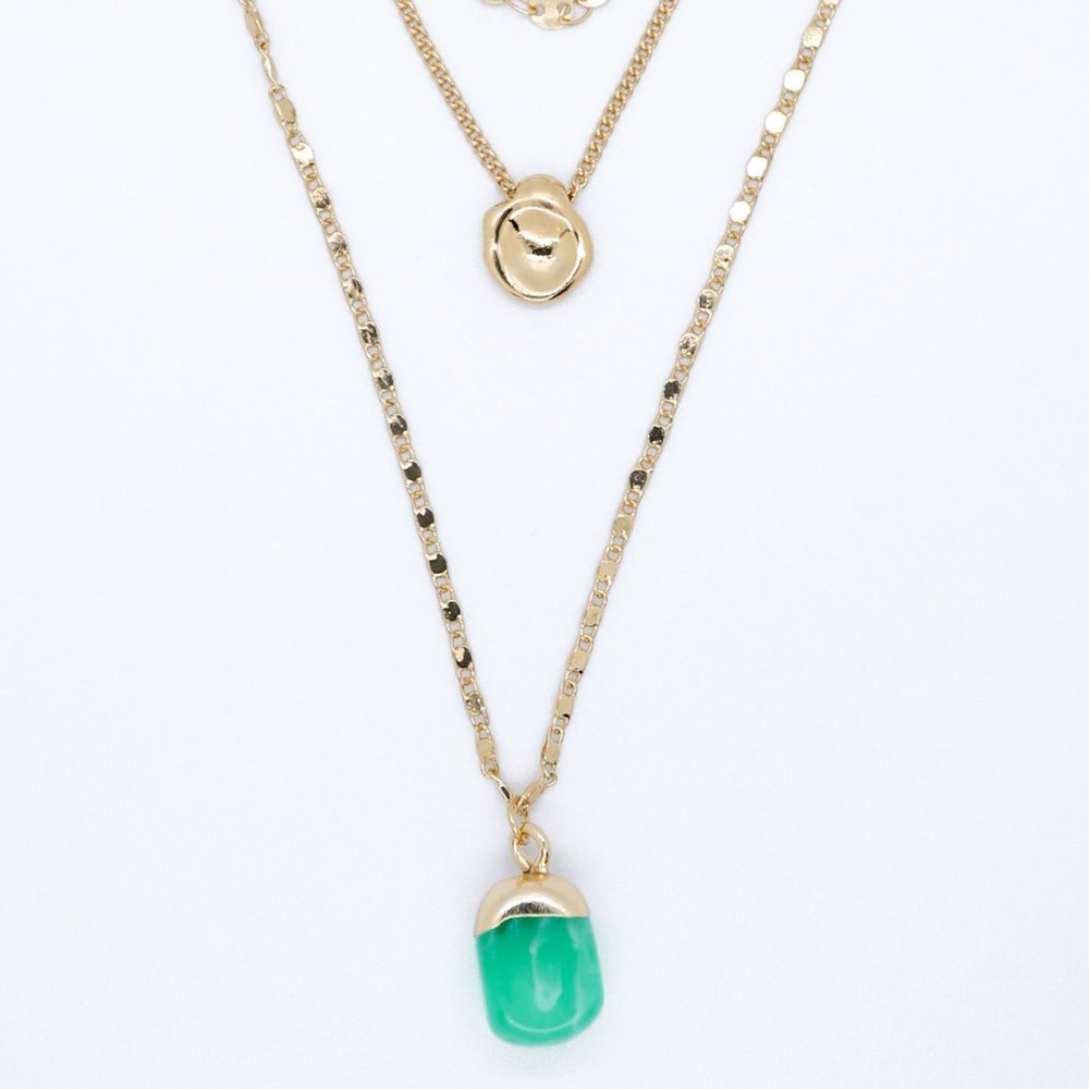 Triple Layered Gold - Green Gem Drop Necklace